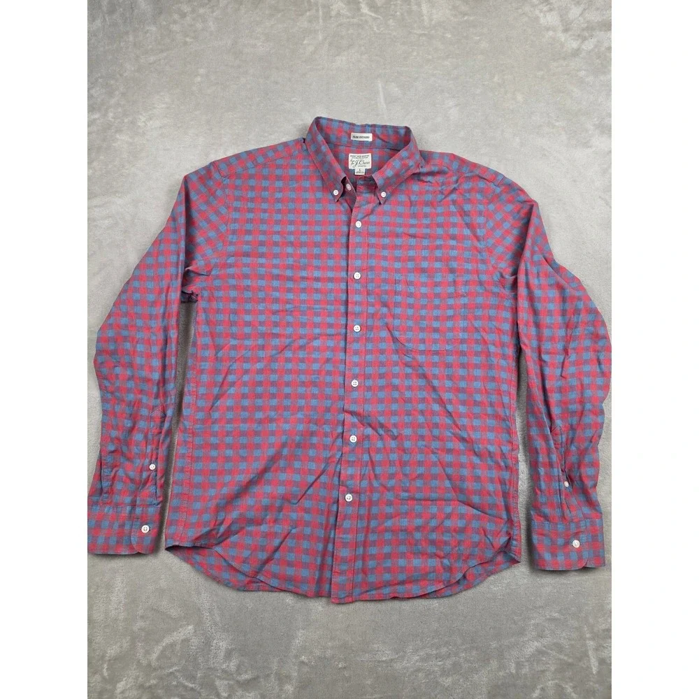 J. Crew Button Down Shirt Mens L Red Blue Gingham Slim Untucked Secret Wash